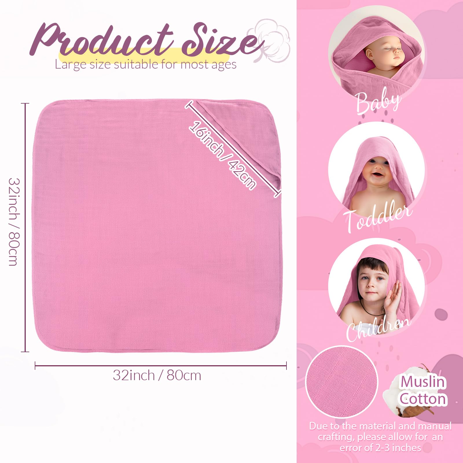 Preboun hooded baby towel in pink highlights soft cotton for gentle drying.