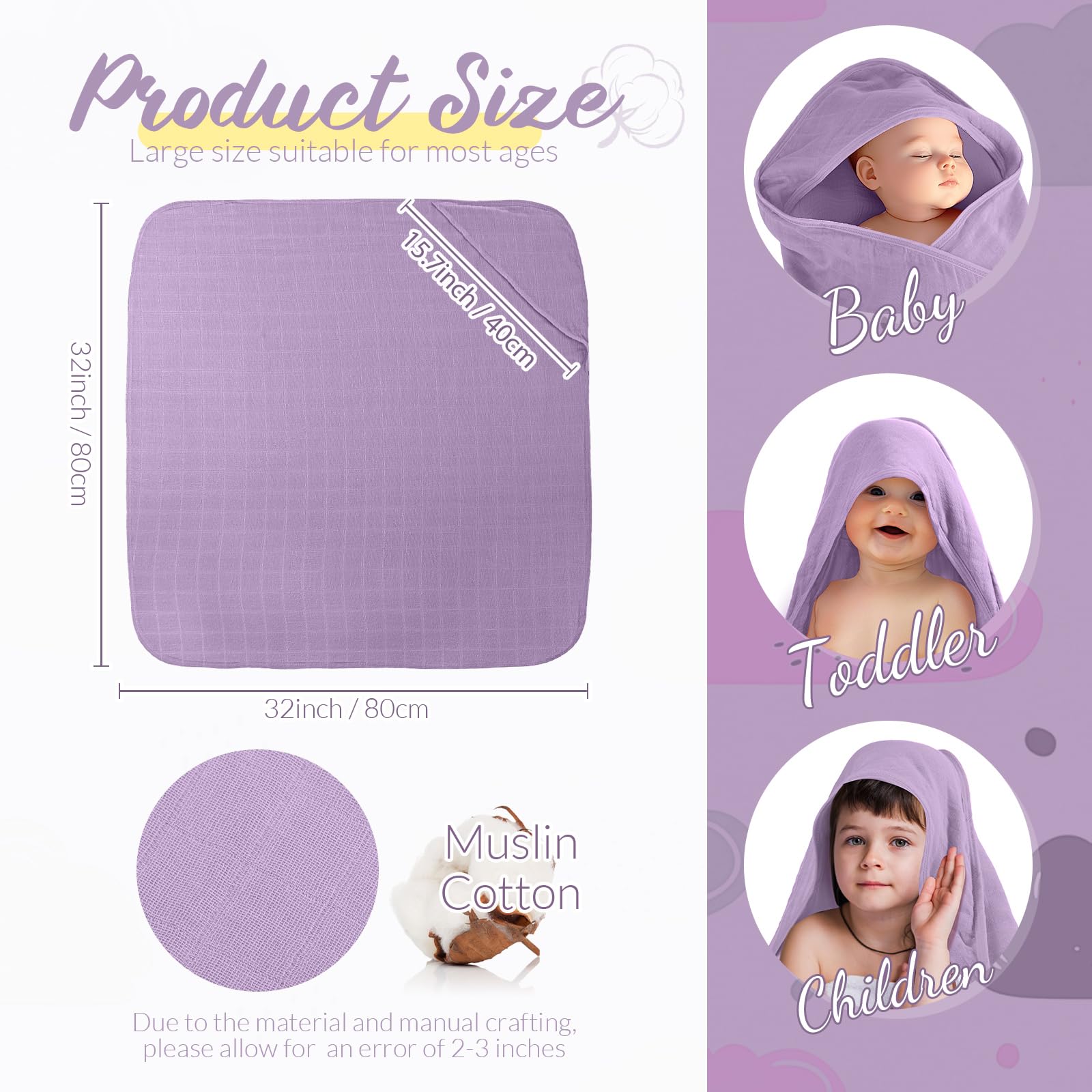 Preboun hooded towels 32x32 inch size for ample drying space.