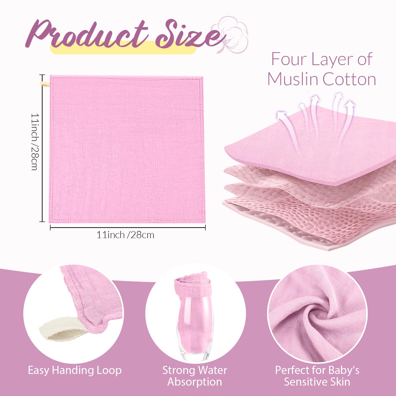 Preboun muslin washcloths 12x12 in pink ideal for gentle cleansing.
