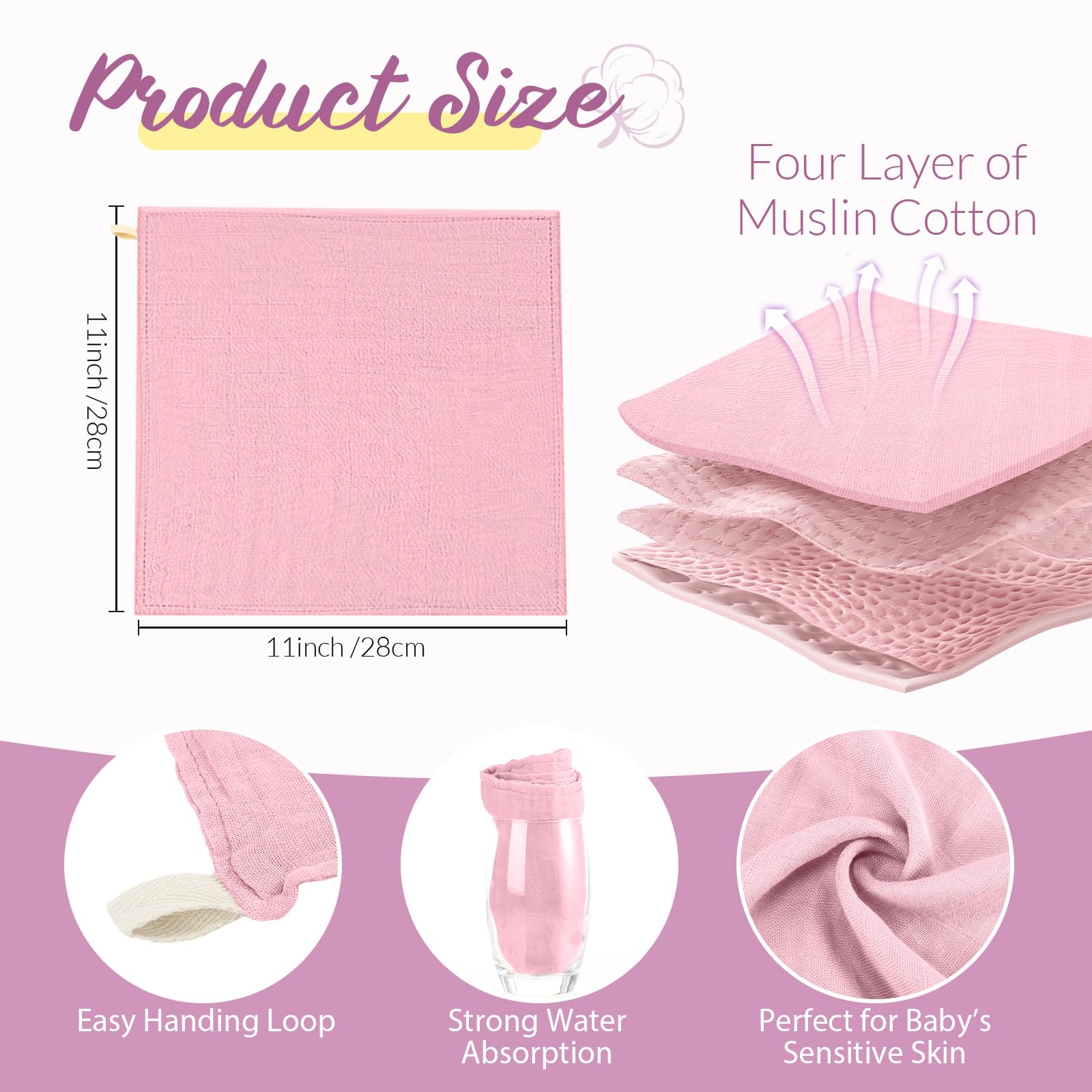 Preboun muslin washcloth pink, gentle cleansing for newborns