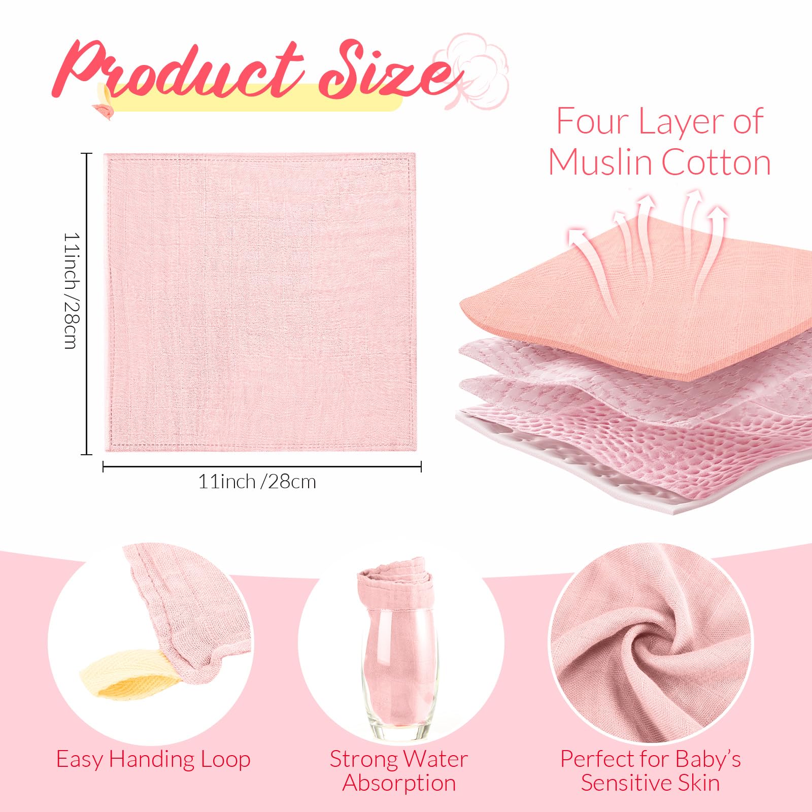 Preboun muslin washcloth 12x12 in pink, gentle cleansing for delicate skin