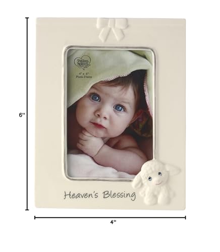 Precious Moments ceramic lamb photo frame closeup in beige, adds a sweet nursery decor accent.