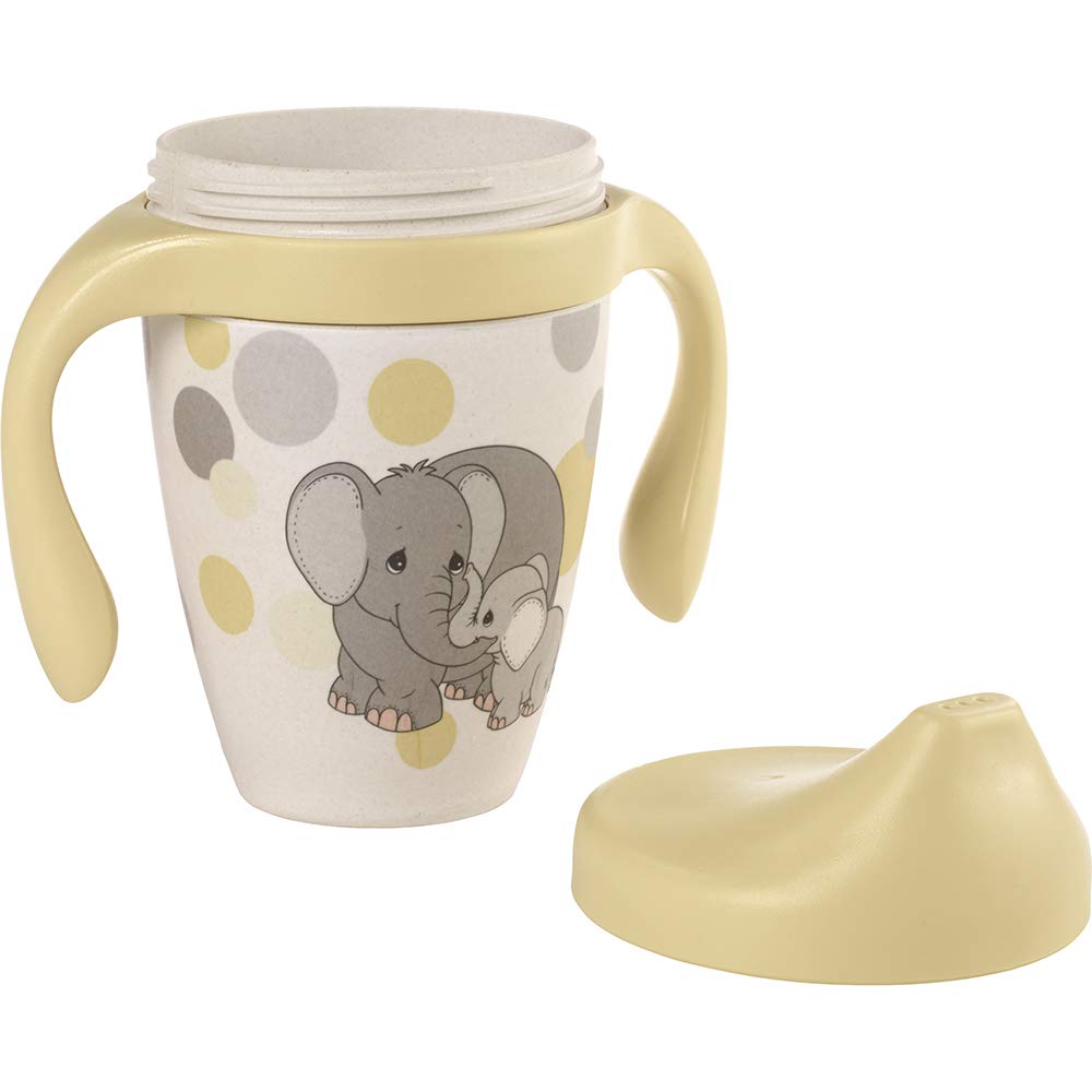 Precious Moments earthtone sippy cup featuring leaf pattern, dishwasher-safe for simple cleanup.