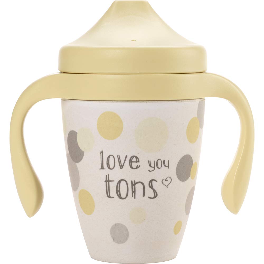 Precious Moments elephant design sippy cup with leak-proof plug for mess-free on-the-go drinking.
