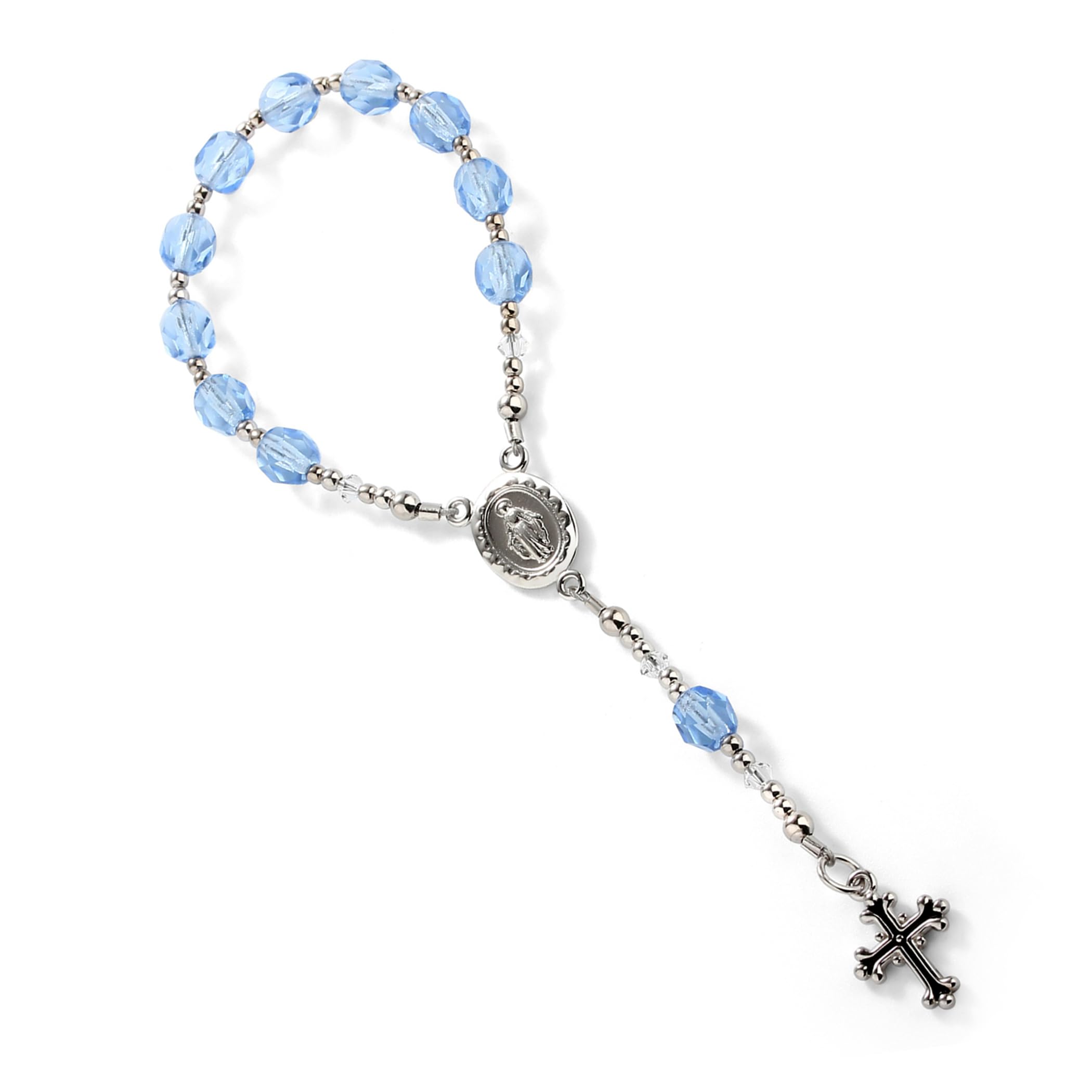 Precious Pieces sterling silver blue baby rosary beads close-up showing durable fire-polished Czech beads