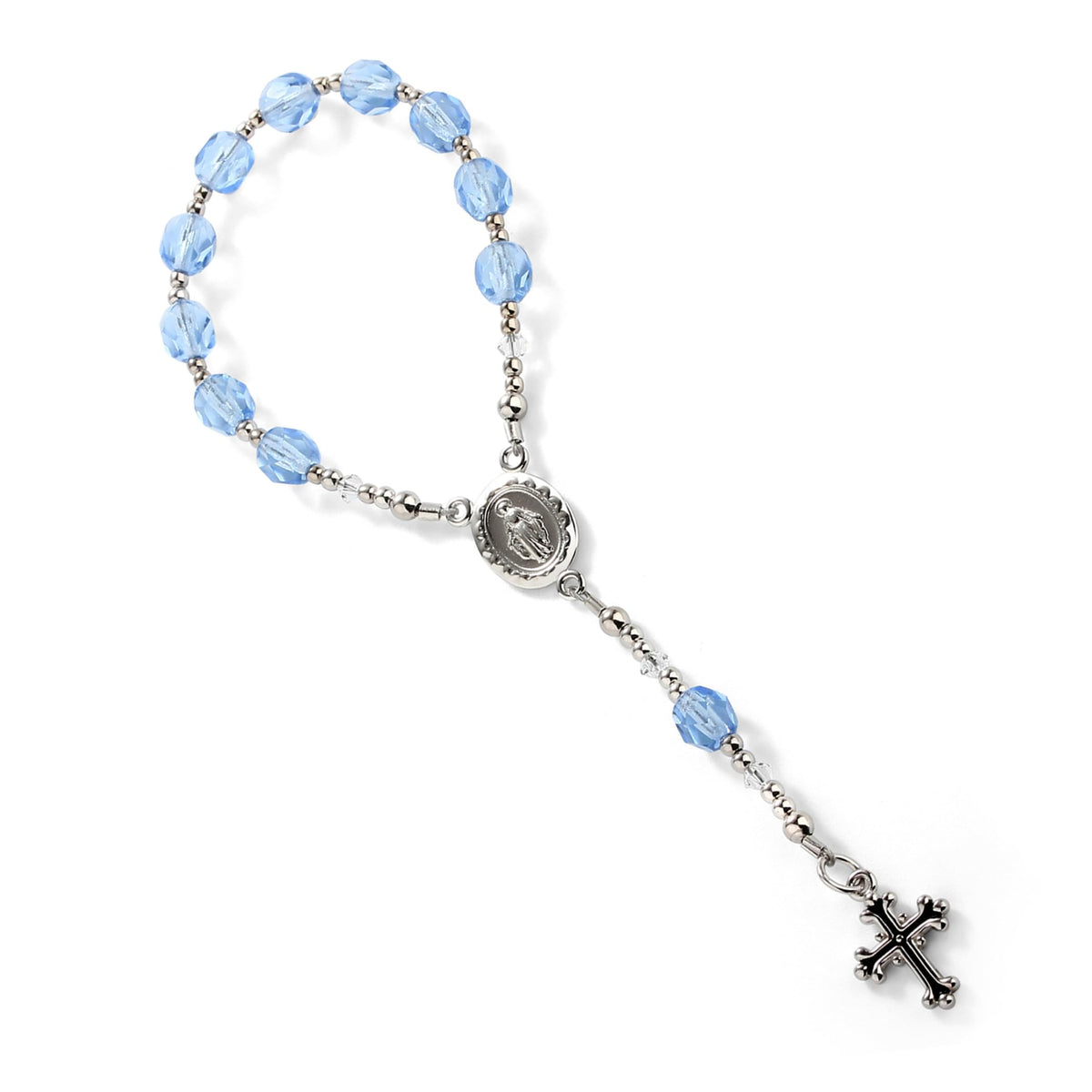 Precious Pieces sterling silver blue baby rosary beads close-up showing durable fire-polished Czech beads
