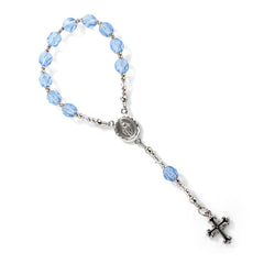 Precious Pieces sterling silver blue baby rosary beads close-up showing durable fire-polished Czech beads