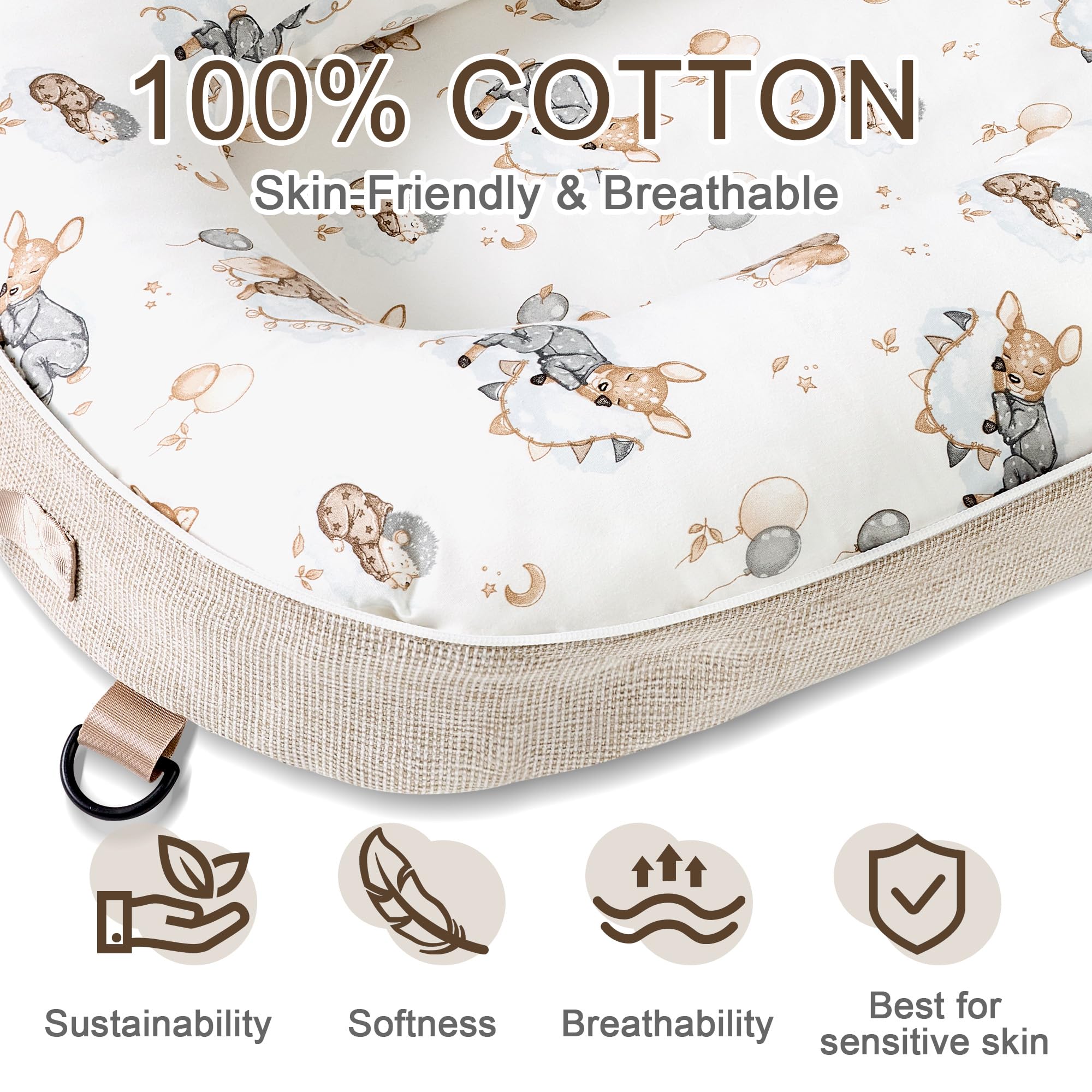 Preciozonal Baby Lounger breathable cotton cover keeps baby cool and comfortable.