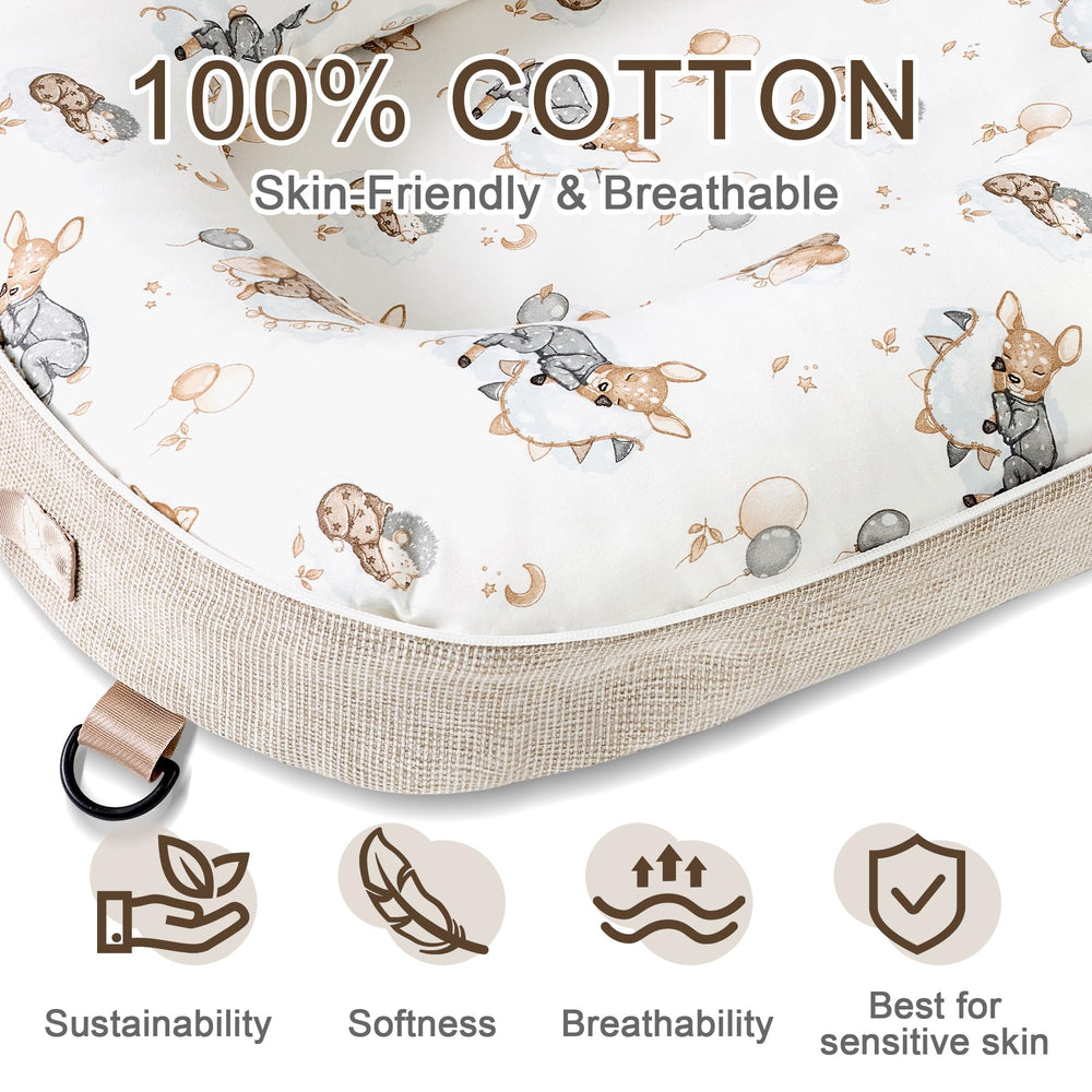 Preciozonal Baby Lounger breathable cotton cover keeps baby cool and comfortable.