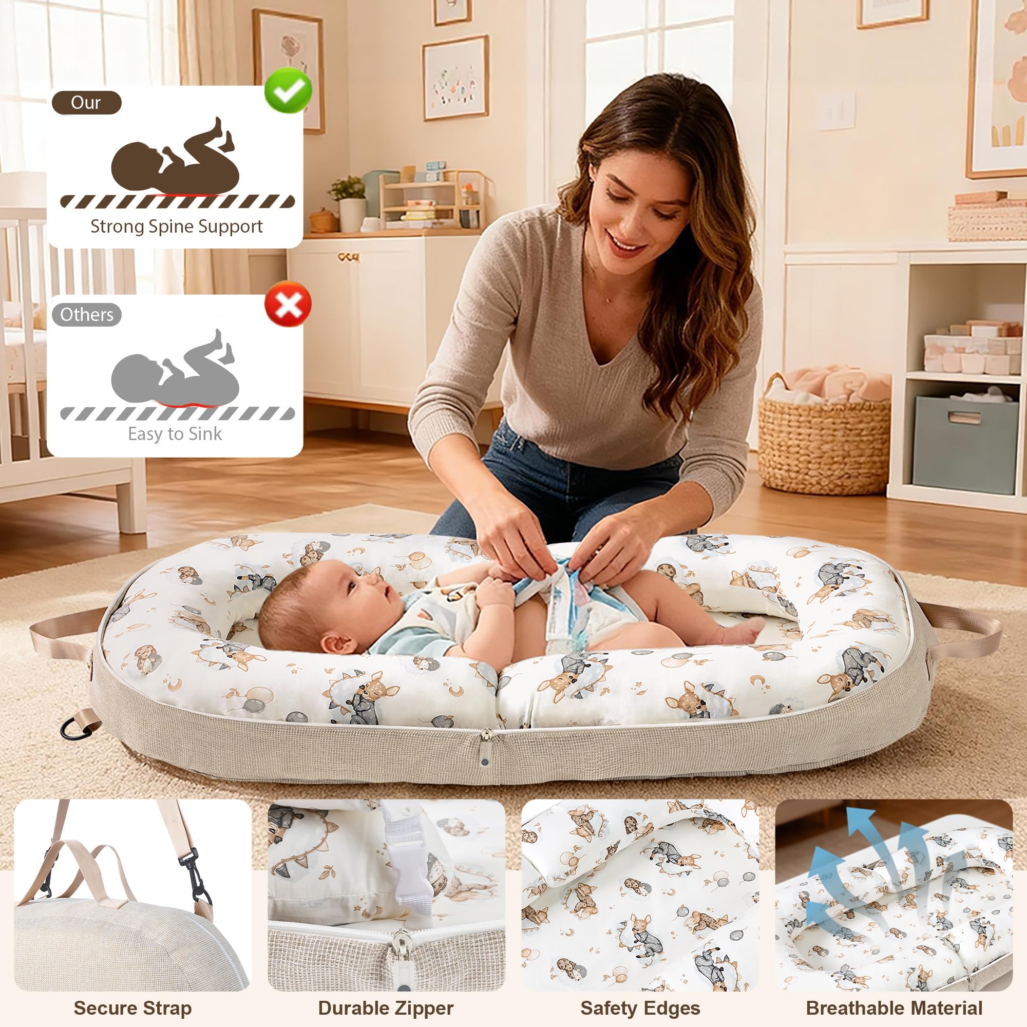 Preciozonal Baby Lounger detachable pillows for wrap-around or split seating.