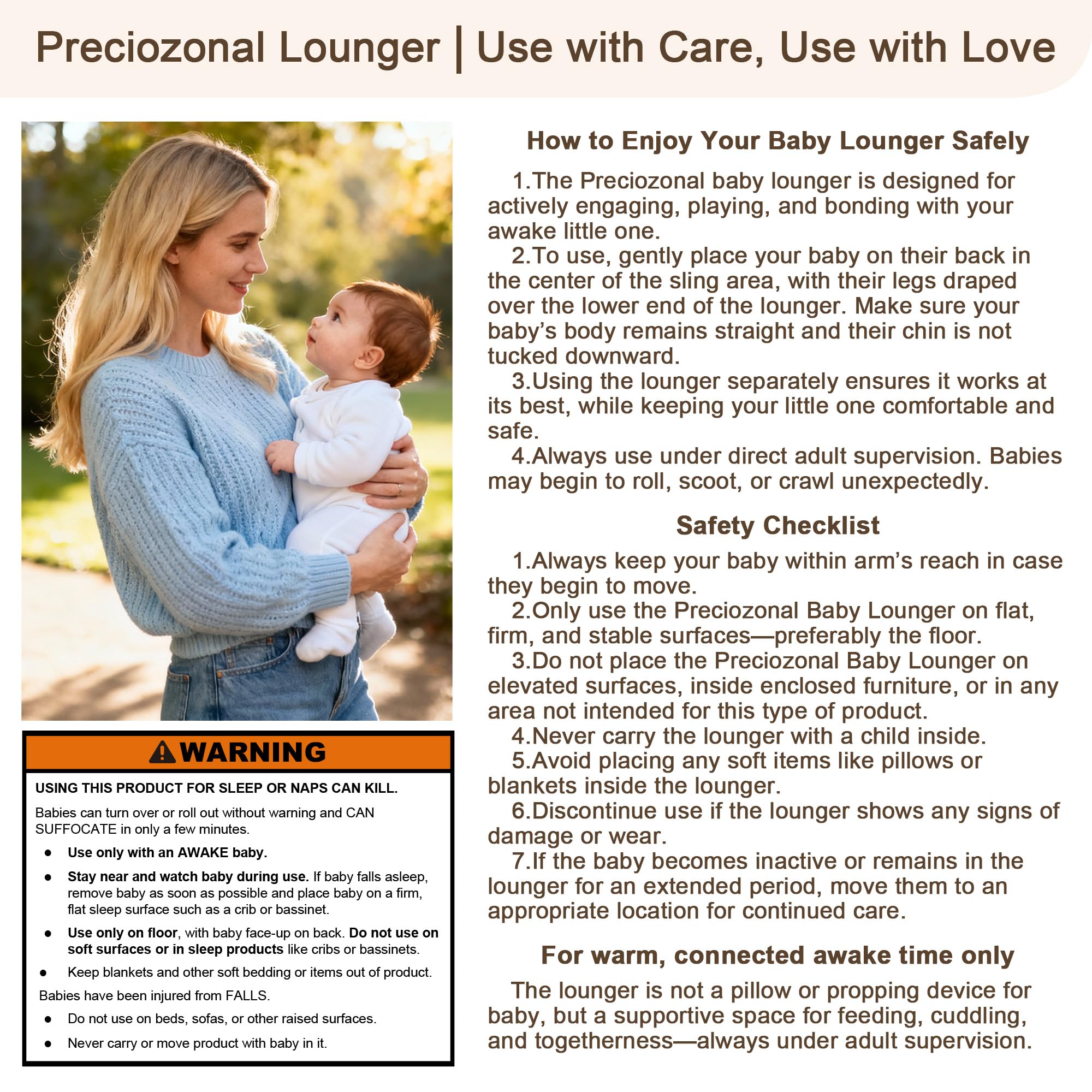 Preciozonal Baby Lounger storage pocket keeps wipes and diapers handy.