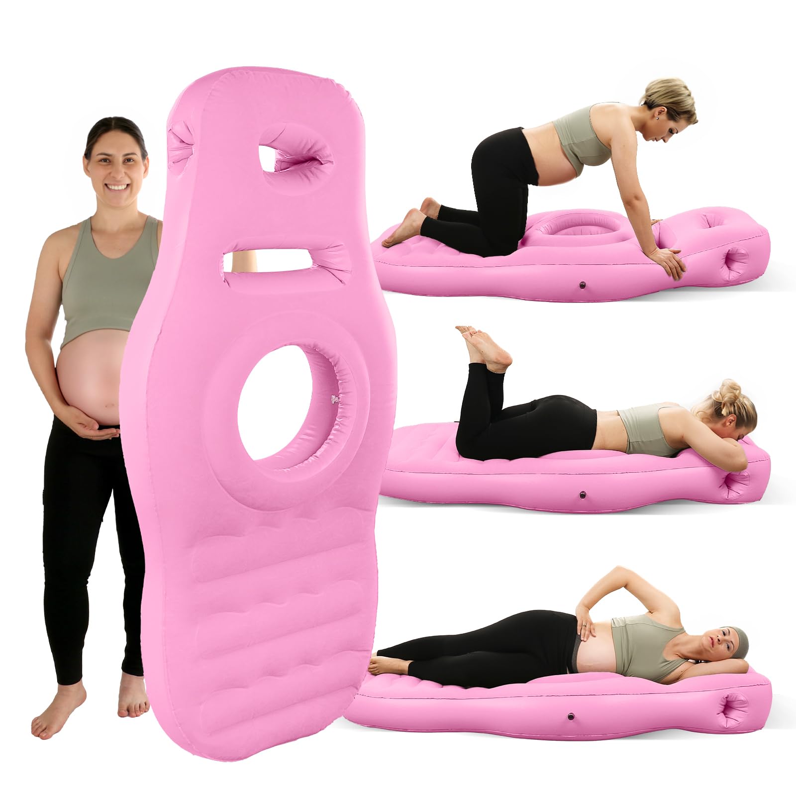PregSpag inflatable pregnancy pillow with belly hole supports prone sleeping and belly cradling.