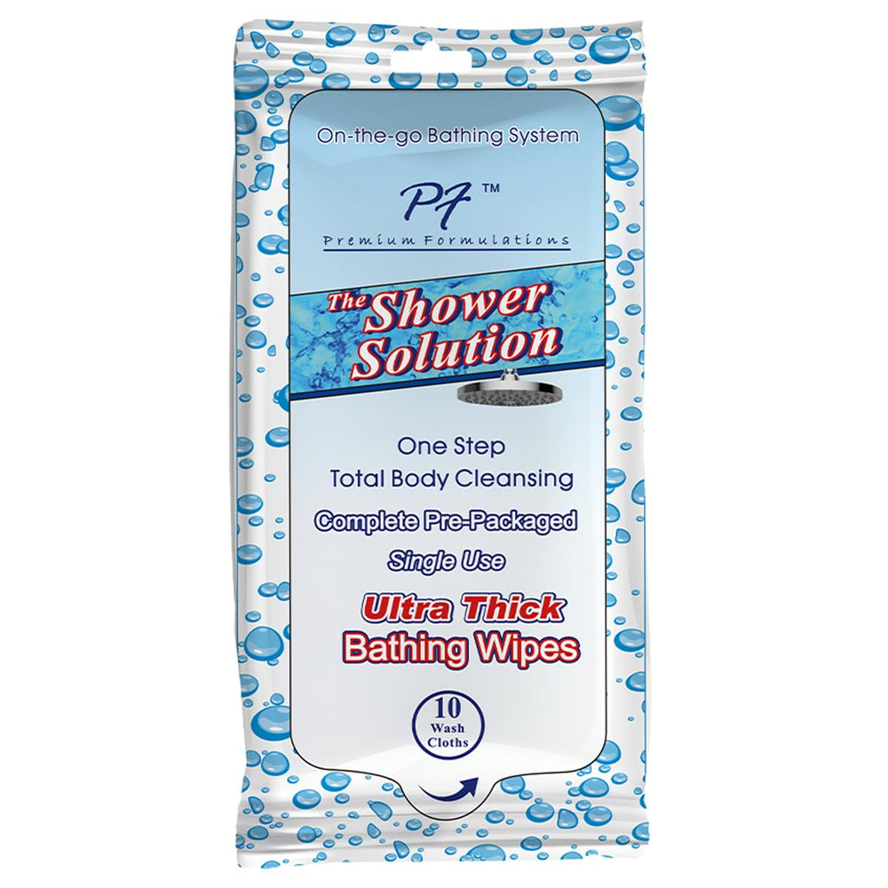 Premium Formulations Shower Solutions extra-large 8x8 inch wipes provide thorough, no-rinse cleansing.