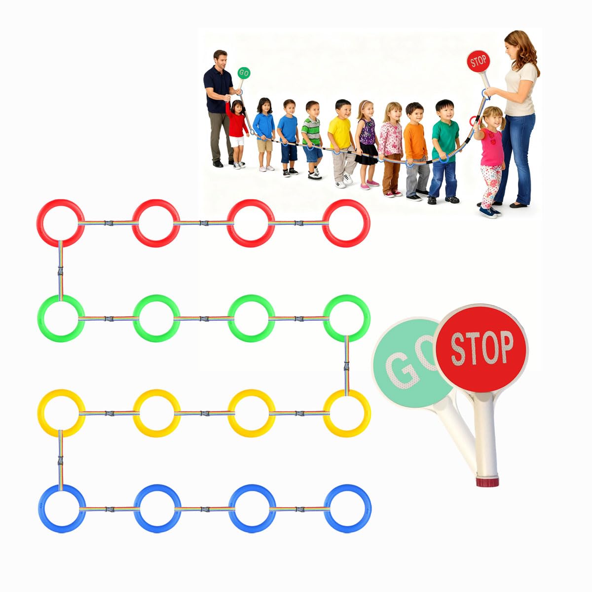Preschool walking rope with blue rings helps create orderly lineups.
