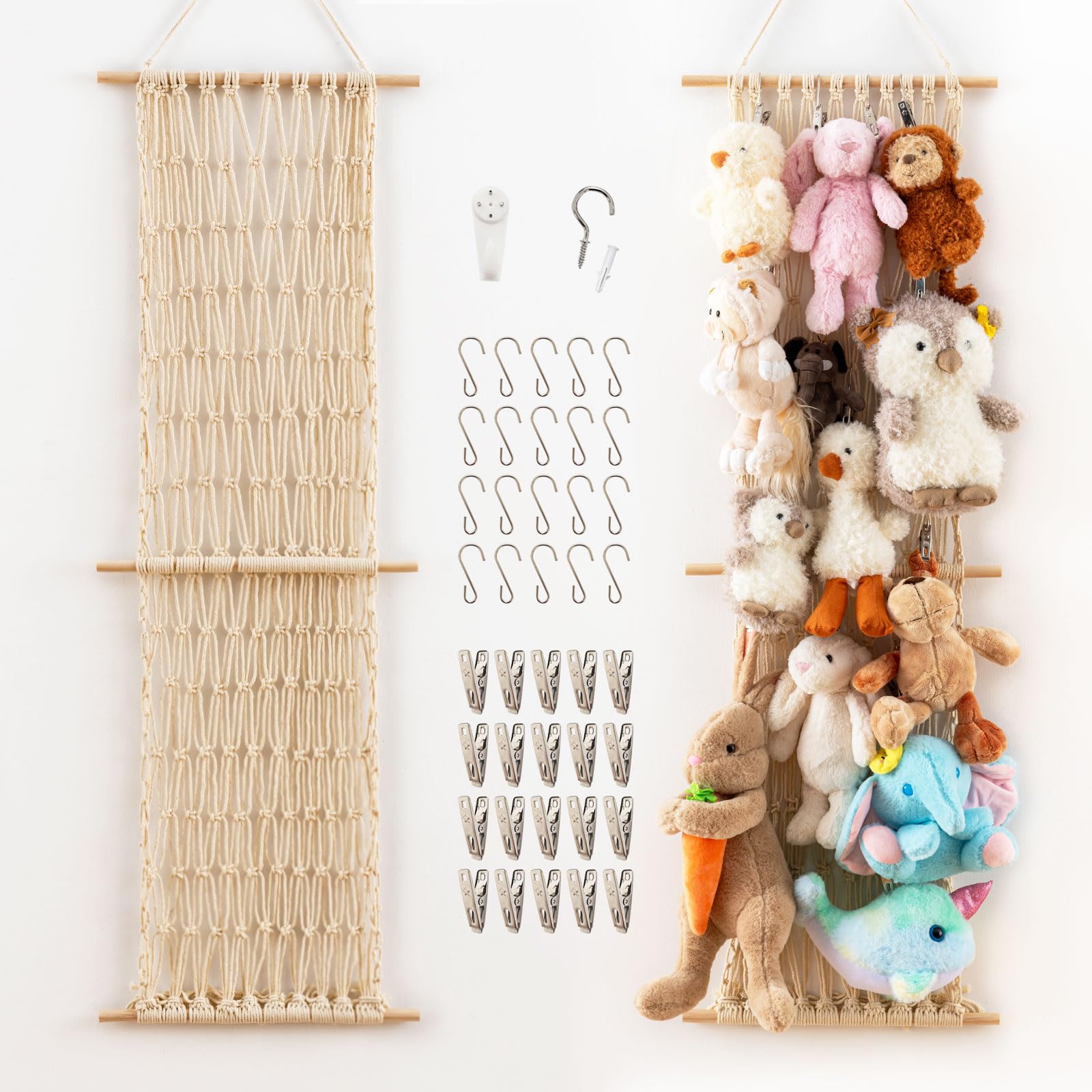 Pretty Jolly 47-inch cotton hanging storage net displaying plush toys neatly