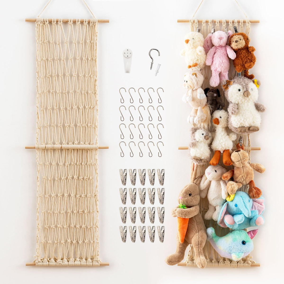 Pretty Jolly 47-inch cotton hanging storage net displaying plush toys neatly