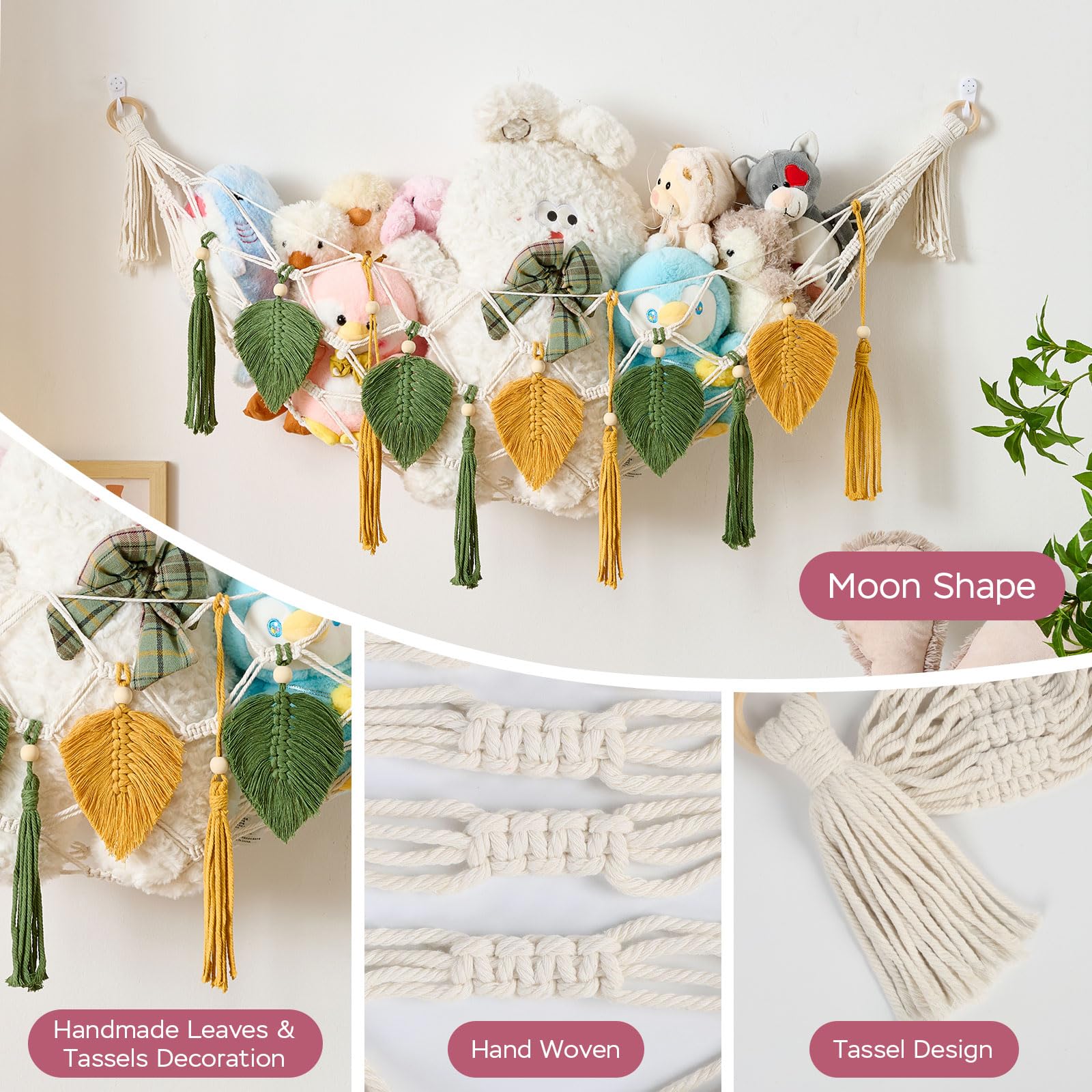 Pretty Jolly boho macrame wall hanging decor enhances room ambiance while displaying stuffed animals.
