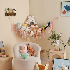 Pretty Jolly cotton macrame mesh showing generous plush toy storage capacity.