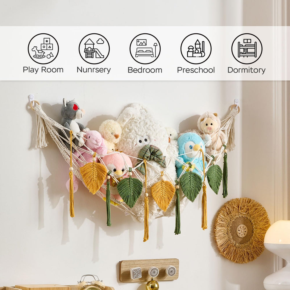 Pretty Jolly leaves and tassels add decorative texture to the toy storage arrangement.