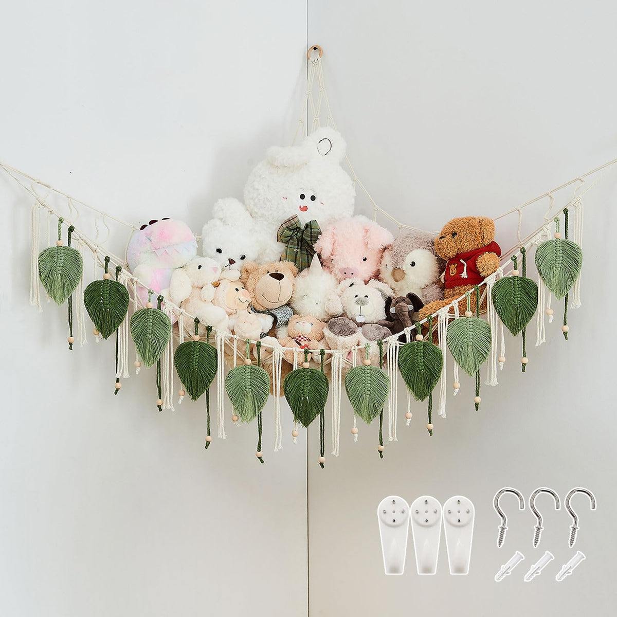 Pretty Jolly macrame hammock beads create a playful toy display and organized storage.