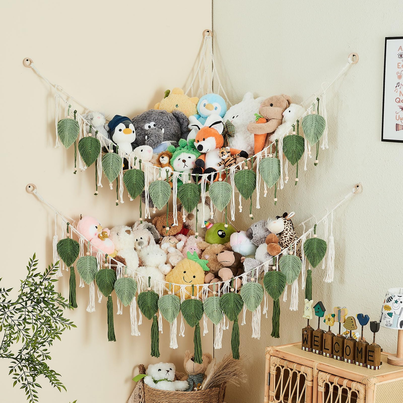 Pretty Jolly cotton weave offers soft, durable storage for a child’s plush collection.