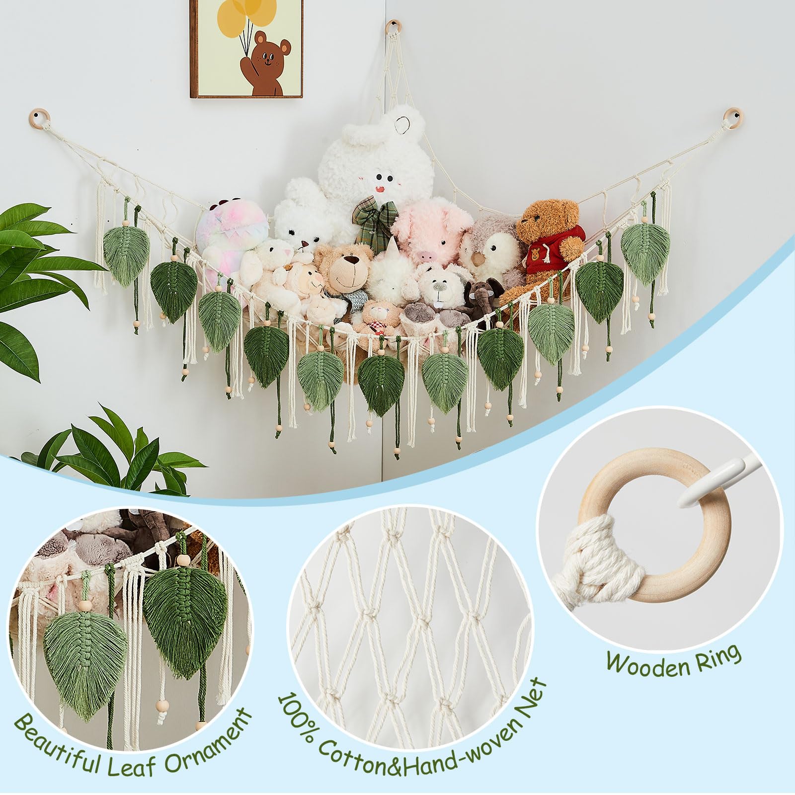 Pretty Jolly macrame hammock leaf tassels add whimsy while keeping plush toys organized.