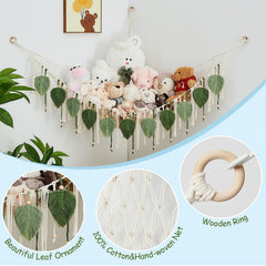 Pretty Jolly macrame hammock leaf tassels add whimsy while keeping plush toys organized.