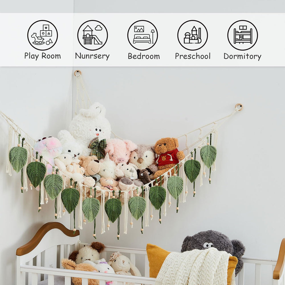 Pretty Jolly macrame hammock three-point loop ensures secure wall mounting for plush storage.