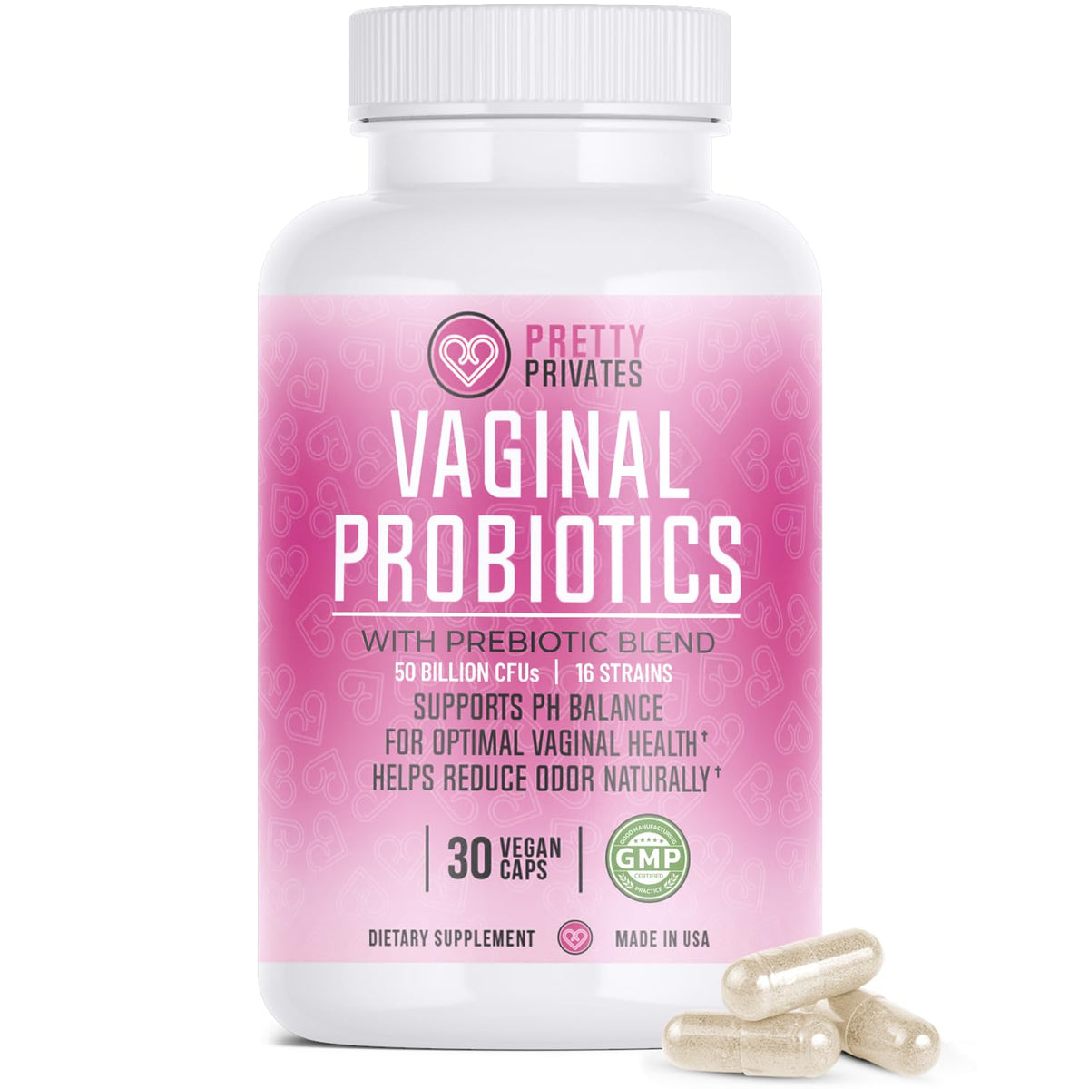 Pretty Privates bottle pouring to illustrate easy daily intake for balanced vaginal health.