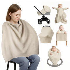 Pretwad muslin nursing cover with arched neckline for breathable privacy.