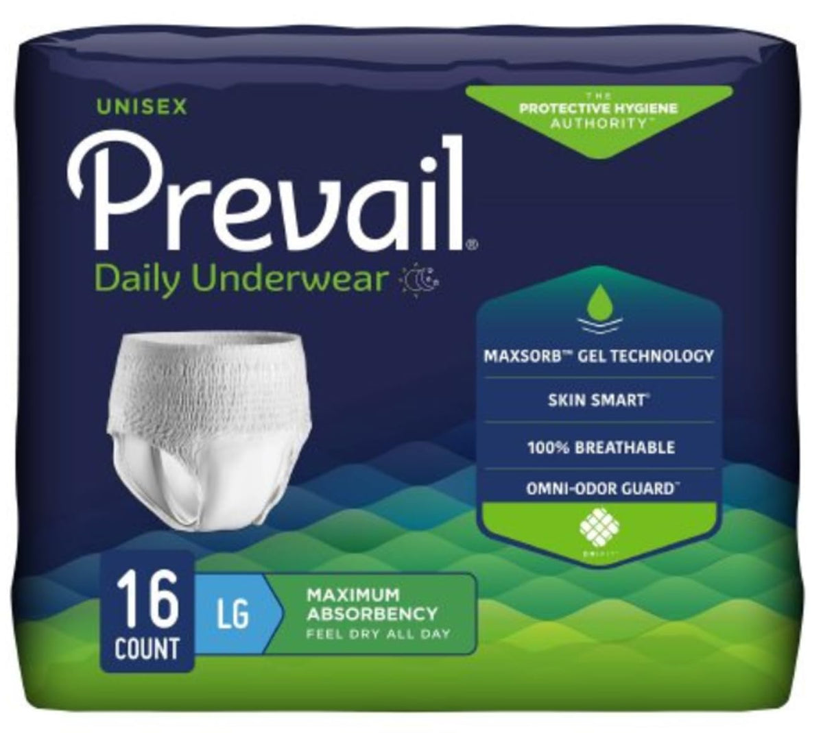 Prevail Daily Protective Underwear large 16-count bag, unisex design with maximum absorbency for adults.