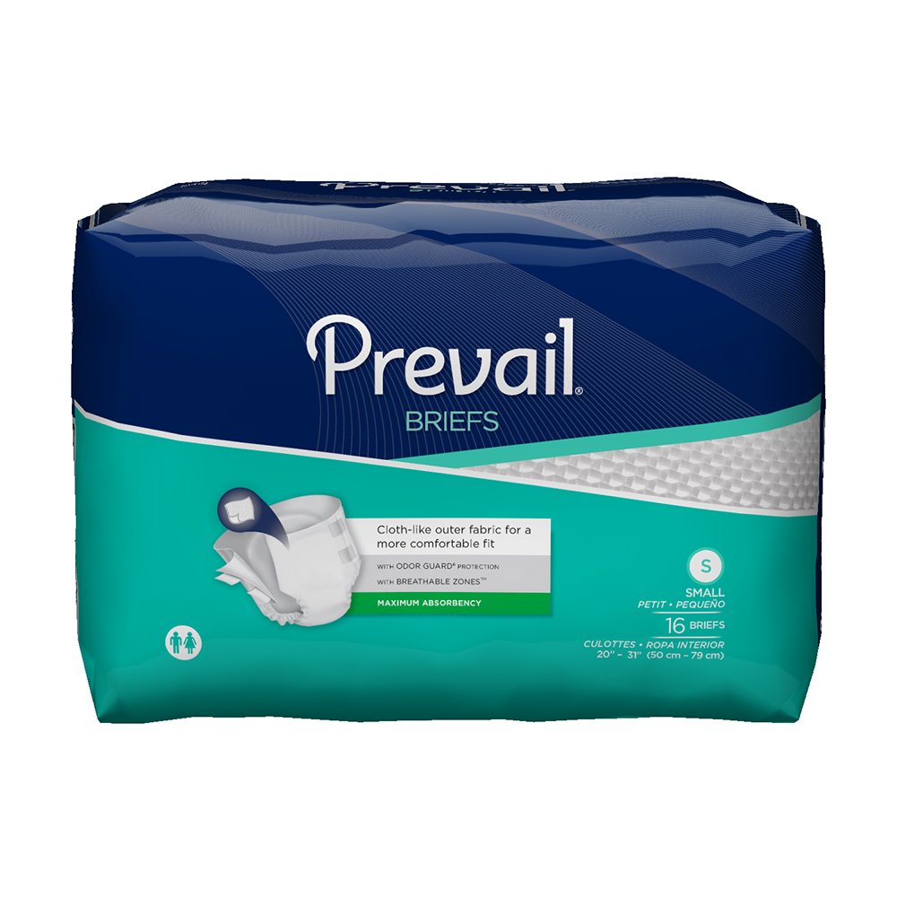 Prevail incontinence briefs small pack 16-count offering discreet protection.