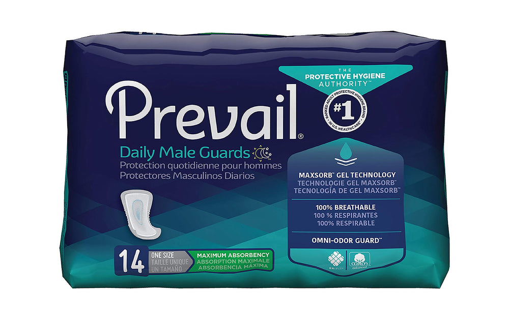 Prevail Incontinence Pads for Men 14-Count package is discreet and absorbent.