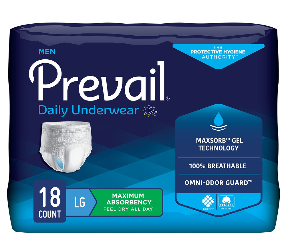 Prevail incontinence underwear packaging displays a discreet four-pack box.