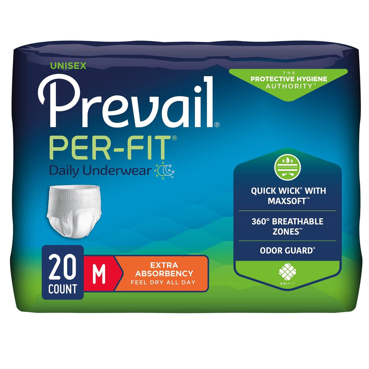 Prevail Per-Fit Daily Protective Underwear packaging shown for discreet, all-day protection
