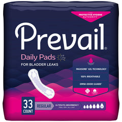 Prevail Ultimate Absorbency Pads packaging showcases discreet day-to-night protection.