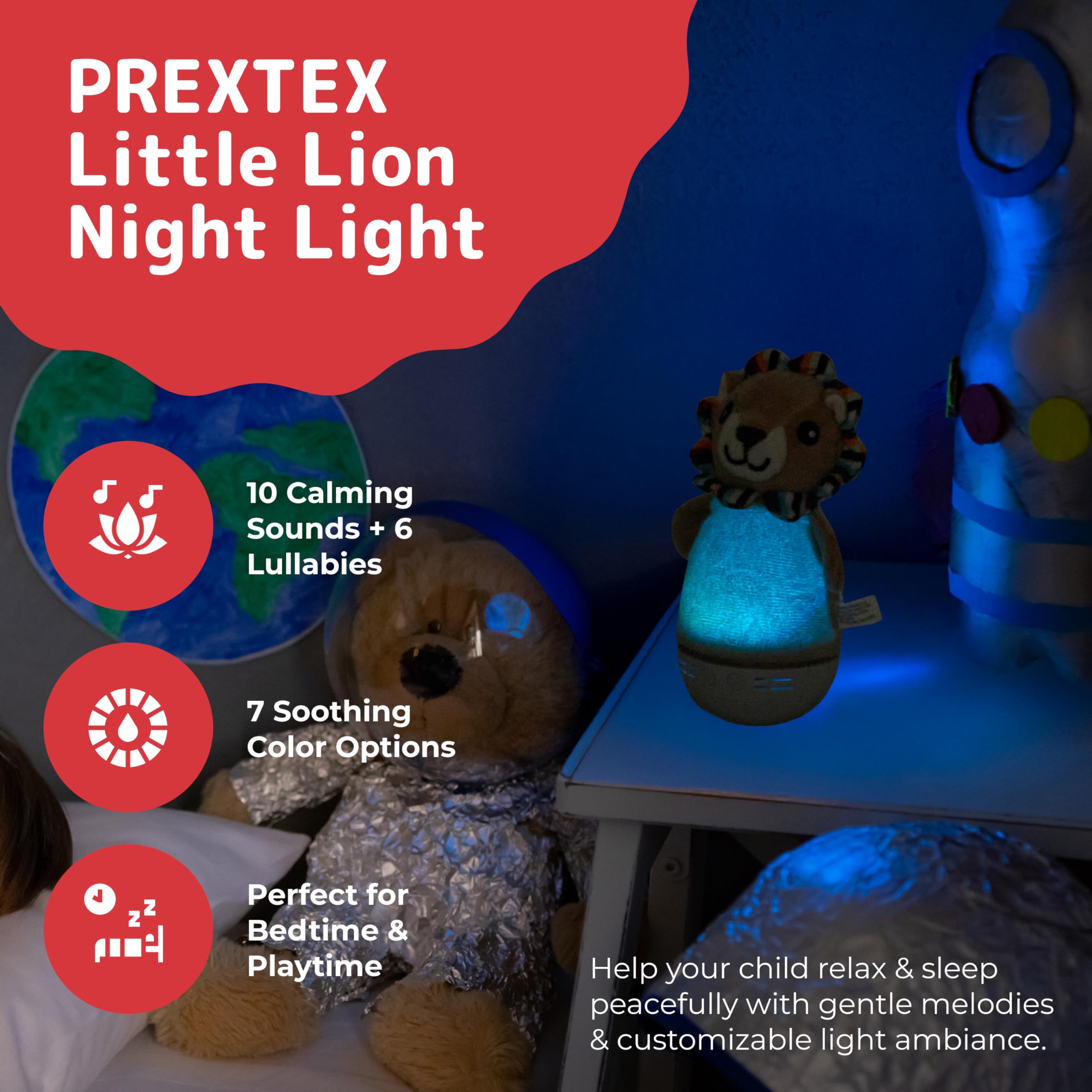 PREXTEX Little Lion emits calming sounds to ease nighttime transitions
