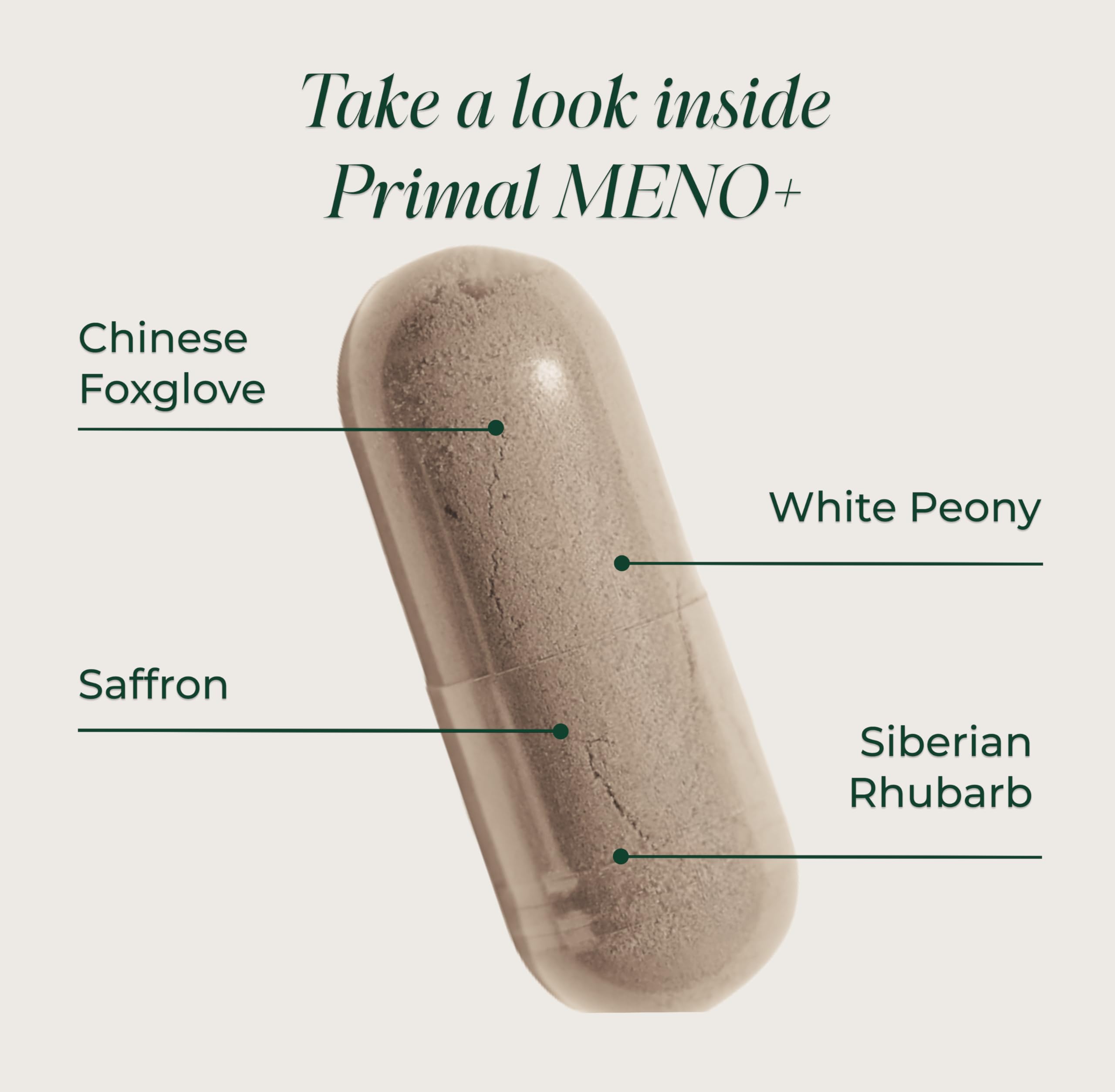 Primal Harvest Meno+ capsules closeup illustrates easy daily intake.