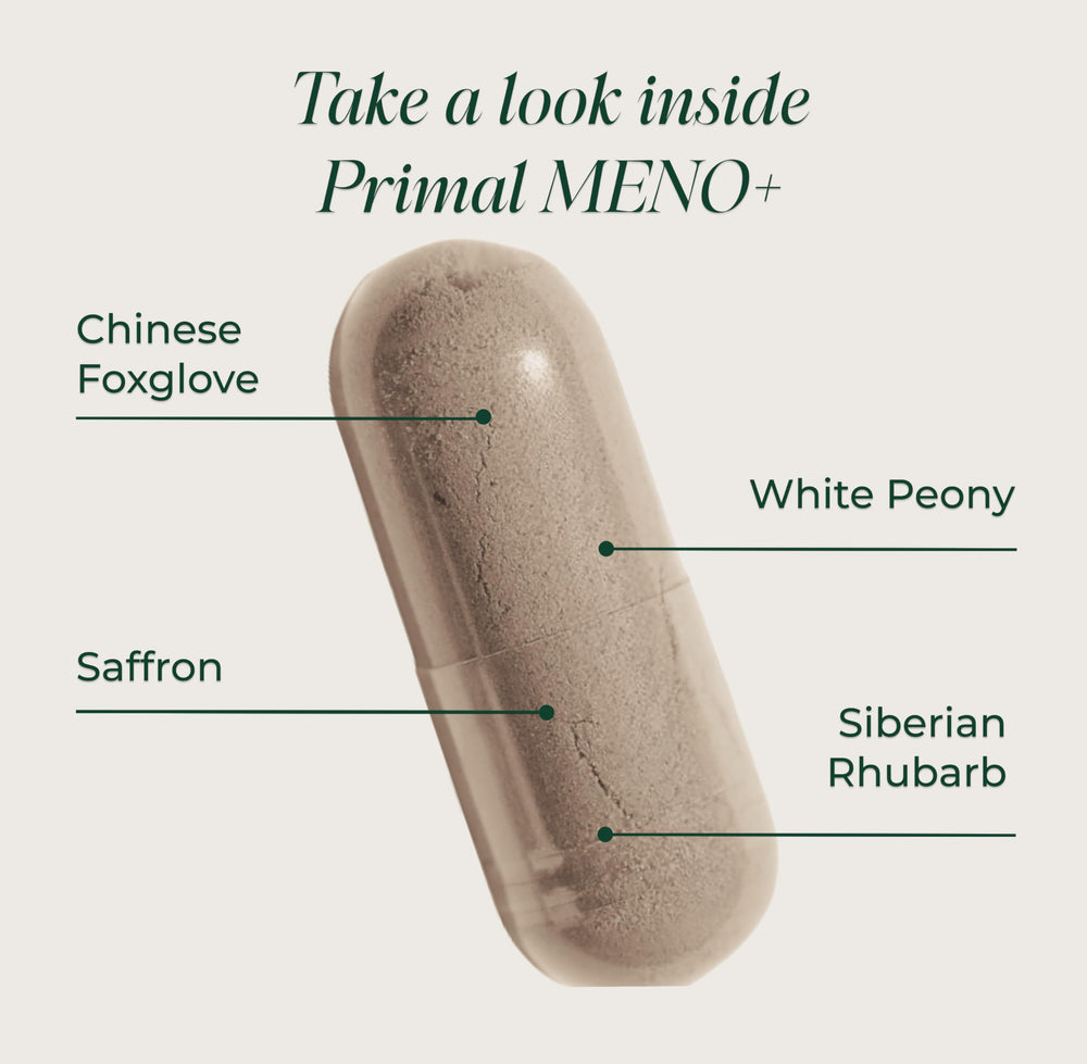 Primal Harvest Meno+ capsules closeup illustrates easy daily intake.