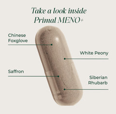 Primal Harvest Meno+ capsules closeup illustrates easy daily intake.