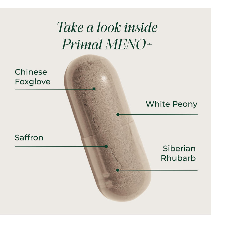 Primal Harvest Meno+ capsules arranged for a daily dose