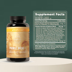 Close-up of Primal Harvest Meno+ label and herbal blend