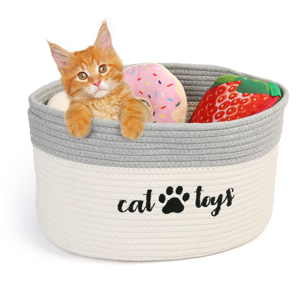PrimePets cat toy basket with rope texture, ideal for safe toy storage.