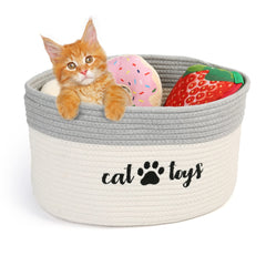 PrimePets cat toy basket with rope texture, ideal for safe toy storage.