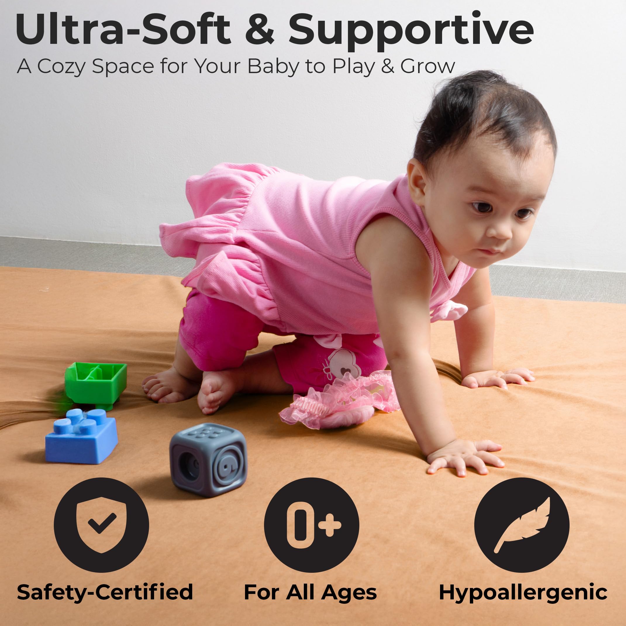 Primica padded play mat with ultra-soft plush fabric for cozy knee comfort