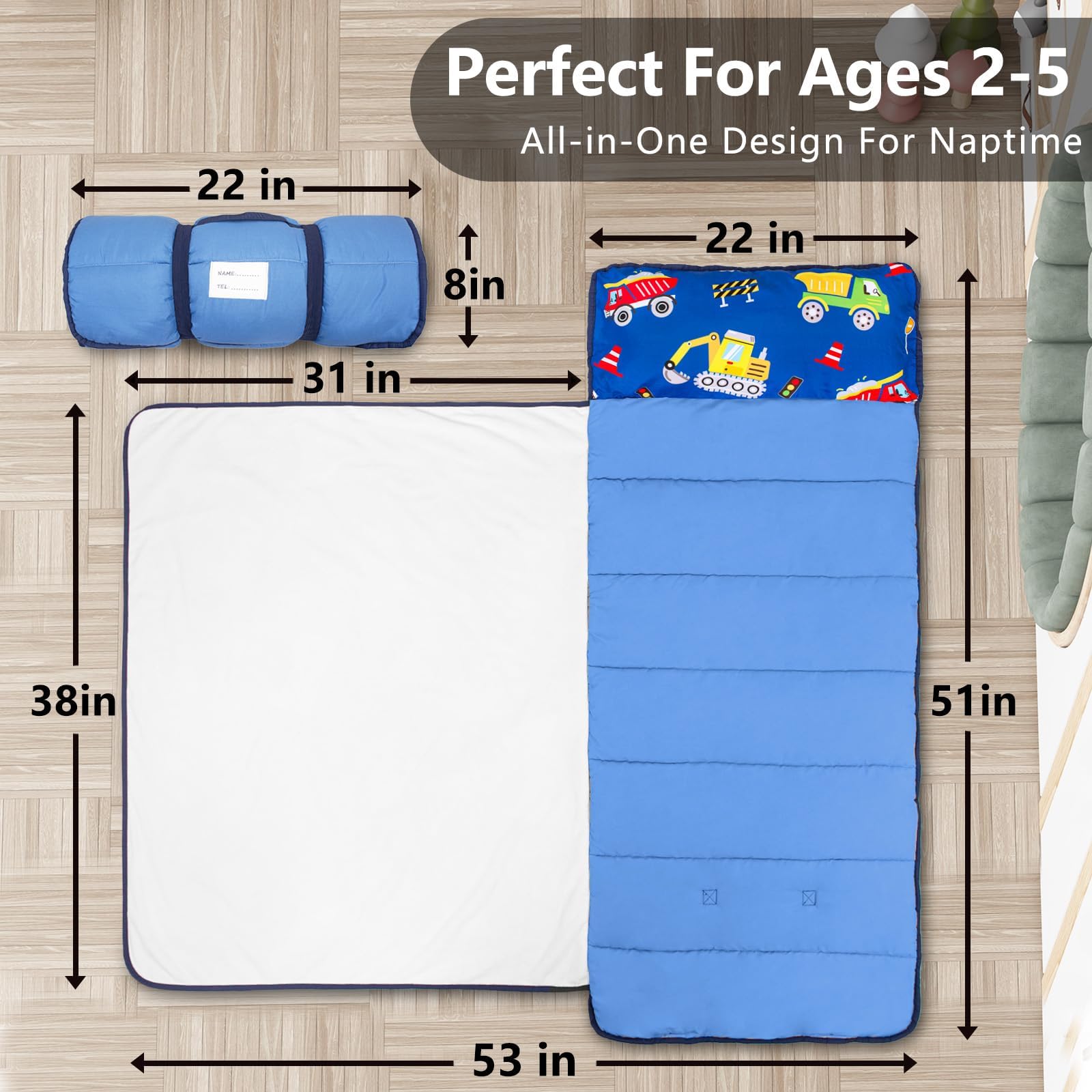 Primlect nap mat shown rolled compact for travel and storage.