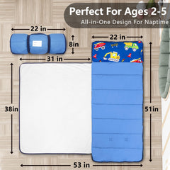 Primlect nap mat shown rolled compact for travel and storage.