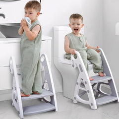 PRIMLECT potty training seat with stable base in grey, enhances toddler safety during bathroom use.