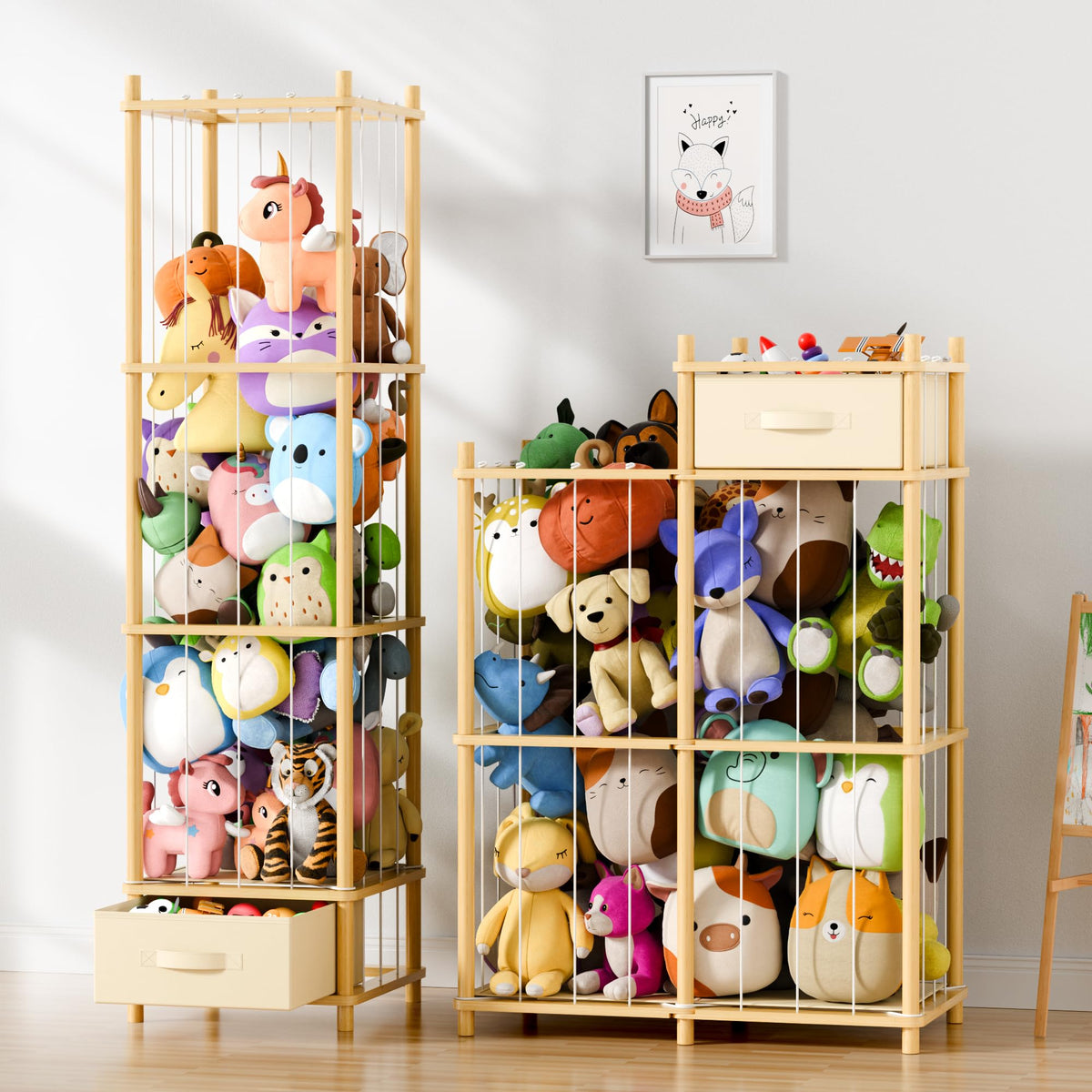 Primo Lines Stuffed Animal Storage Organizer vertical shelf keeps toys organized in a playroom.