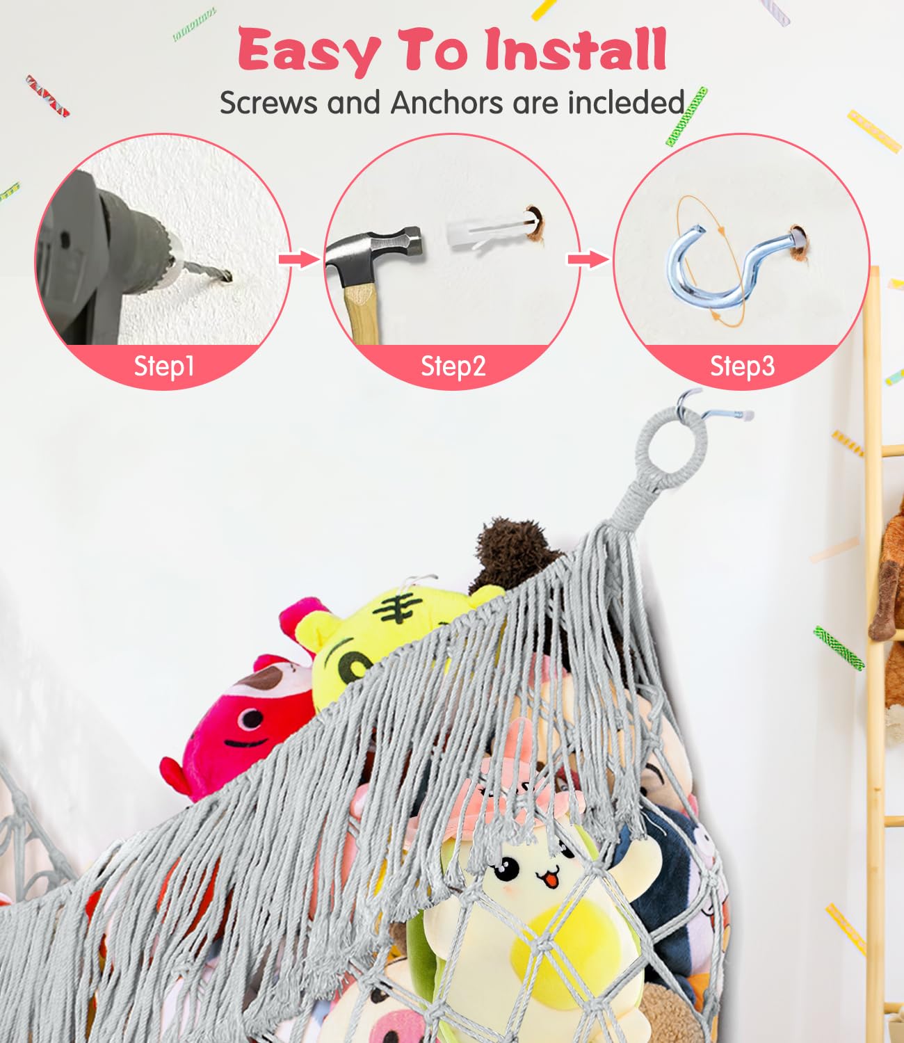 PrimZooty hammock in bedroom creates tidy, cozy organization for kids' toys